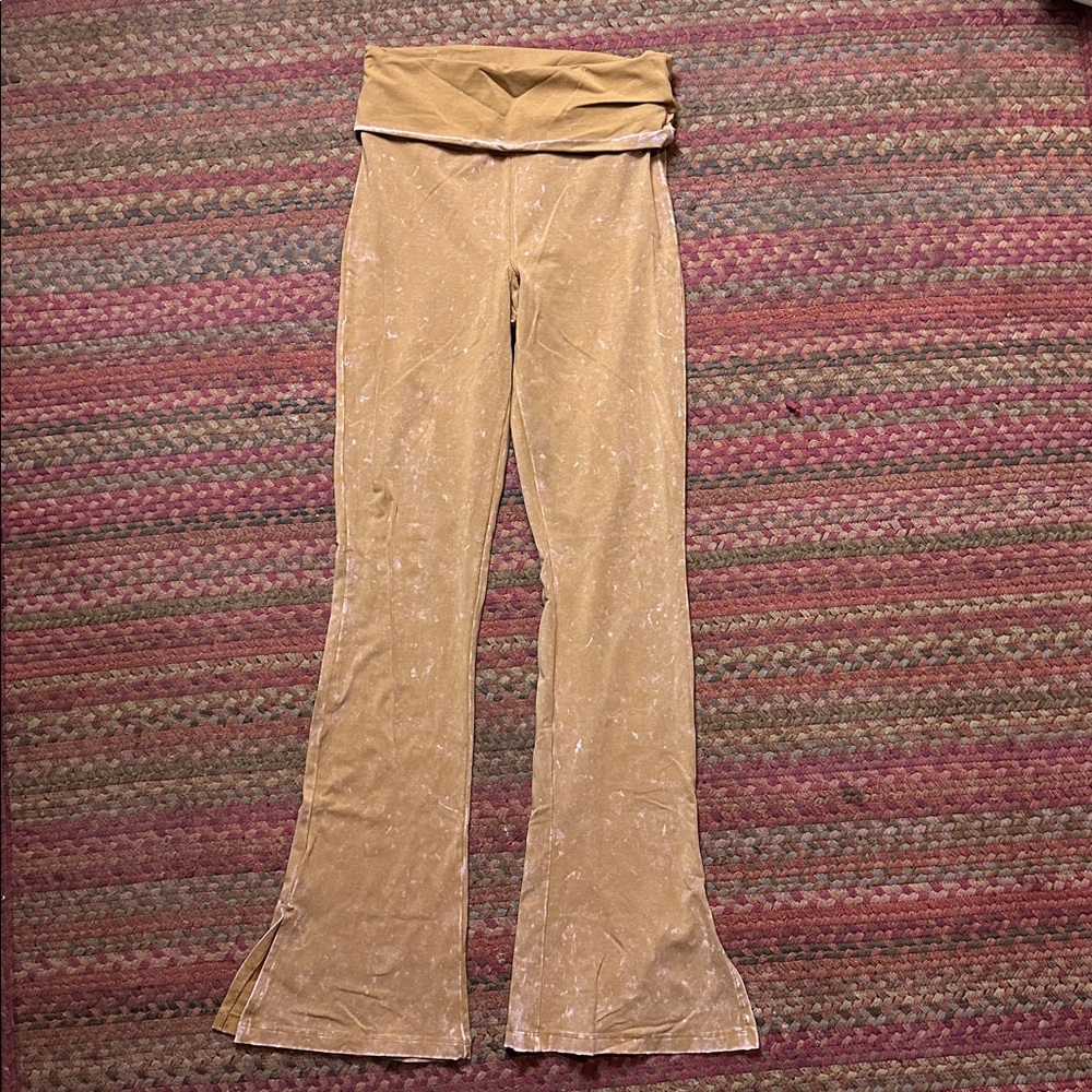 VICTORIAS SECRET PINK BROWN FOLD OVER WAIST FLARE YOGA PANTS SPLIT HEM